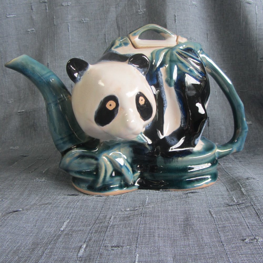 Vintage Panda Bear Majolica Teapot Porcelain Vintage 1980s